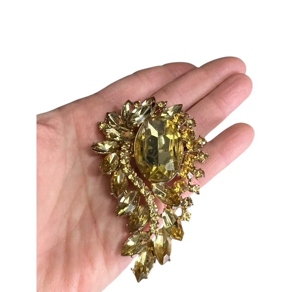 Vintage‎ Topaz Rhinestone Brooch Large Gold Statement Amber Glass Pin